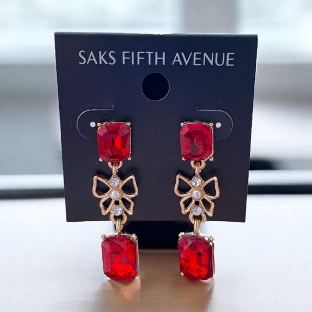 3/$40 Saks Fifth Avenue Red and Gold Drop Dangle Bow  Earrings